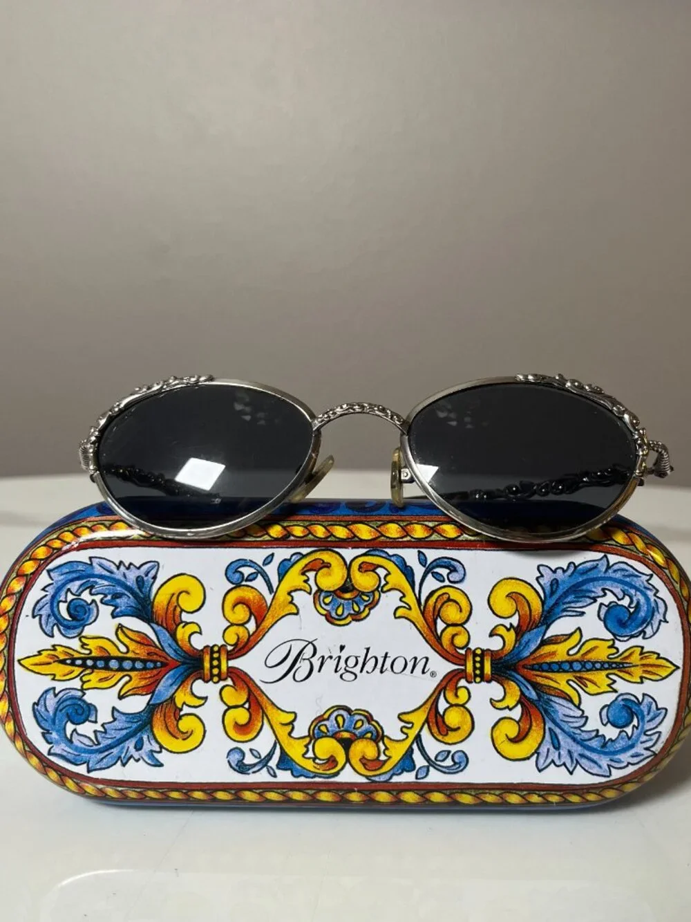 Brighton Vintage Silver Filigree Oval Sunglasses + Case